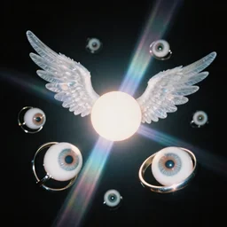 rings with eyeballs floating around each other and a ball of light connected to angel wings, reflection and dispersion materials. rays and dispersion of light. volumetric light. 5 0 mm, f / 3 2. noise film photo. flash photography. ultra realistic, wide angle