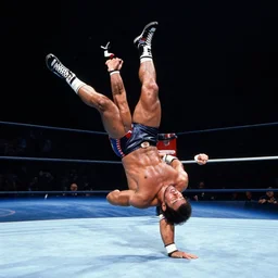 Macho Man Randy Savage elbow drop from space. Wide angle. Low perspective. High Quality, Sports photography. NASA