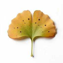 spotted ginkgo leaf, photorealistic wildlife photography, full body, isolated on a pure white background, centered, entire subject in frame, sharp focus, soft studio lighting