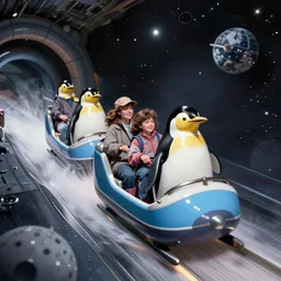 1990s photo of inside the Wild Space Penguin ride at Universal Studios in Orlando, Florida, riding a Penguin through space , cinematic, UHD