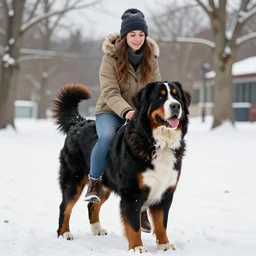 girl riding giant Bernese Mountain Dog in the park, snow, trending on artstation