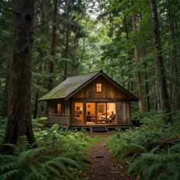 my grandpa build a cozy home in middle of the deep forest, artistic photo composition