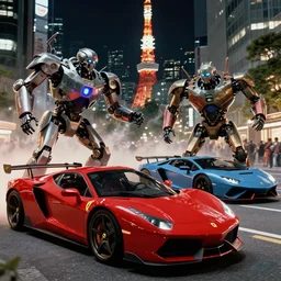 Film still of Mechbots designed by Ferrari and Lamborghinis in battle in Tokyo at night by syd mead, Scott Robertson, james cameron, octane, 4k