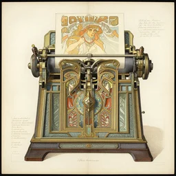 detailed, intricate technical drawings on parchment from 1 8 4 0, accented with color, with labels and notes, for a beautiful, symmetric, art deco plotter printer, by ron cobb and alphonse mucha