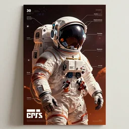 a poster design of a solo cyberpunk astronaut wearing headphones in space, universe, cyberpunk, warm color, Highly detailed labeled, poster, peter mohrbacher, featured on Artstation