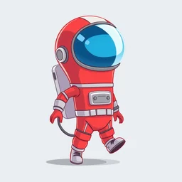2 d cartoon of a red, short, bean shaped astronaut with a long blue visor