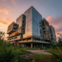 brutalist architecture by le corbusier, abandoned buildings, empty streetscapes, surrounded by lush green vegetation, ground - level view, stunning volumetric lighting, sunset, rusted steel, solid concrete, glass, stunning skies, trending on artstation, 8 k, photorealistic, hyper detailed, unreal engine 5, imax quality, cinematic, epic lighting, in the style of doom and quake and greg rutkowski