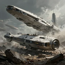 Spaceships in ruins, by Cedric Peyravernay, highly detailed, excellent composition, cinematic concept art, dramatic lighting, trending on ArtStation