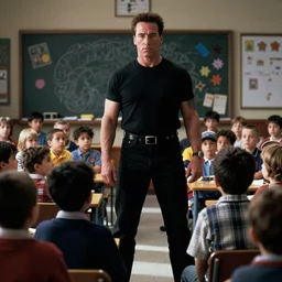 movie scene of arnold schwarzenegger guarding a kindergarten. terminator 2 ( 1 9 9 4 )
