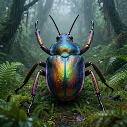 giant iridescent bug creature is lush jungle, raning, foggy, moody, :: by Jeff Koons, Dan McPharlin Daniel Merrian :: ornate, dynamic, particulate, rich colors, intricate, elegant, highly detailed, centered, artstation, smooth, sharp focus, octane render, 3d