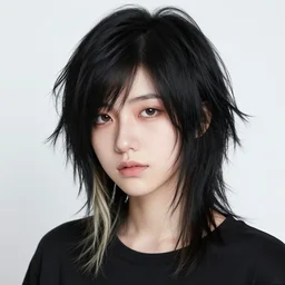 a pale emo girl with medium messy black hair, a dyed hair highlight, soft facial features, bangs covering one eye, instagram picture