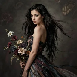 portrait of Alanis Morissette as a young pretty woman in flowing dress, arrogant, mysterious, long fine flowing hair, delicate, looking at camera, realistic face, intricate, stylish, elegant, grimdark, flowers, extremely detailed photograph by Martine Johanna and Ernst Haeckel and Greg Rutkowski