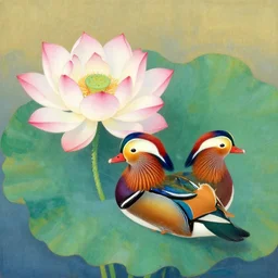 a beautiful painting lotus and mandarin duck, by murakami takashi painting, illustration style