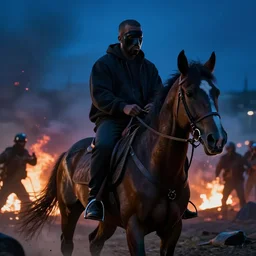 a wideshot of a masked kanye west riding a horse into the night as riots go on in the background, dark, blue hour, cinematic lighting, by alan lee, intricate, grim, digital art, trending on artstation