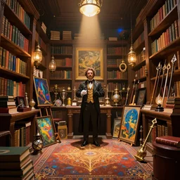 A Magician's chamber, filled with books, magic artifacs and magic weapons, lanterns, light from above, vibrant colors, by andreas rocha and john howe, and Martin Johnson Heade, featured on artstation, featured on behance, golden ratio, ultrawide angle, f32, well composed, rule of thirds, center spotlight, low angle view
