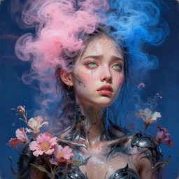 3 d, pink and blue smoke, sun rays, green eyes worried fashion model, sweat skin, liquid black metal, flowers, poster art, high detail, intricate oil painting, multiple exposure, deep blue mood, hyperrealism, 3 d, by tooth wu and wlop and beeple and greg rutkowski