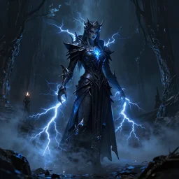character design, dark arcanist, blue lightning, blue mist, scary, photorealistic, unreal engine, hellish background