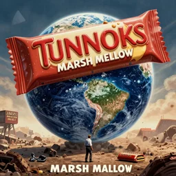 Super high resolution, hyper-realistic, 8K, ray-traced, Film publicity poster for 1970s disaster movie of Earth being stuck by giant Tunnocks marsh mellow