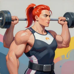 greg manchess portrait of thick muscular weightlifter zarya from overwatch with ponytail and red hair played by scarlett johansson, medium shot, asymmetrical, profile picture, organic painting, sunny day, matte painting, bold shapes, hard edges, street art, trending on artstation, by huang guangjian and gil elvgren and sachin teng