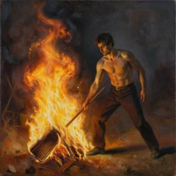a painting of a man set on fire by george condo