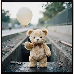 medium format film portrait of a soulless anthropomorphic teddy bear holding a balloon standing in a sewer, hasselblad film bokeh, unsplash, soft light photographed on colour expired film