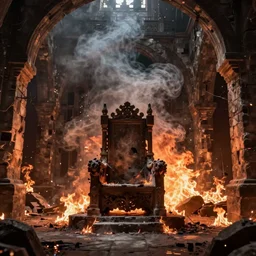 Detailed Interior of the Burning Castle Ruins, Embers, Smoke billows, the ashen throne, stunning atmosphere, in Style of Peter Mohrbacher, cinematic lighting