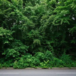 a street overgrown with a lush forest
