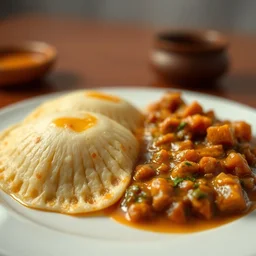 a portrait of a plate containing appam and kadala curry, highly detailed, trending on artstation, bokeh, 9 0 mm, f / 1. 4