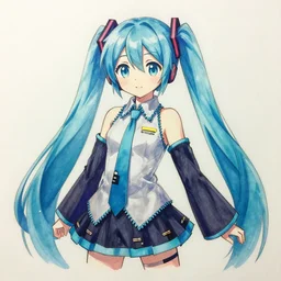 hatsune miku v 3, blue pen art on paper