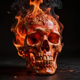 studio photographic portrait of a skull on flames, burning red hot, sparks rise, fiery orange glowing flying particles, black background, smoke, ornate, intricate, photorealistic, high quality, sharp focus, high resolution, dramatic lighting, 8 k, chiaroscuro, 3 5 mm, canon, by annie leibovitz