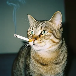 film photograph of a cat smoking a cigarette, 4 k