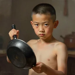 dramatic portrait of chinese boy buzz cut, holding a cooking pan, digital painting