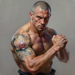 A head-on detailed oil portrait of muscular martial artist with orchid tattoos on his arm by greg rutkowski and artgerm, trending on artstation