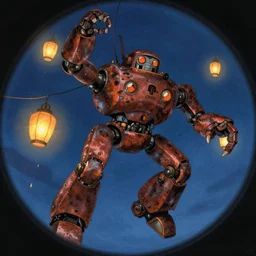 memorable animation key shot, nighttime, fish eye lens, climbing up the rusty crab robot submarine schwerer gustav!!!!, midnight, lanterns glow, paint drip, illustration by craig mullins, dean cornwell, nc wyeth