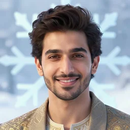 close up portrait, friendly avan jogia prince mage, abstract snowflake and winter background, ornate alphonse mucha, rhads, ross tran, artstation, artgerm, octane render, 1 6 k