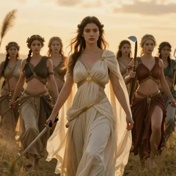 the goddesses fraya going to war with her army, golden hour, high detail.