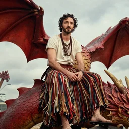 Adrian Brody wearing a hula skirt sitting on the back of a large red dragon