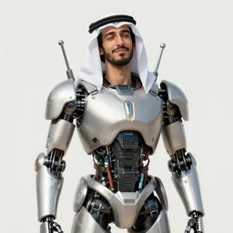 centered portrait photo by bouguereau of blissful man as a solarpunk mecha humanoid robotic parts wearing arabic clothes with bright lights, real human face, serpentine pose, inside white room, ultra - realistic and detailed, 8 k
