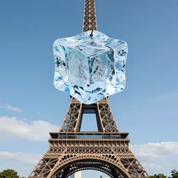 gigantic ice cube pinned at the top of the eiffel tower, hyperdetailed, modern art,