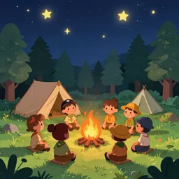 cartoon illustration of kid scouts camp in the middle of the forest during the starred night, night sky full of stars, kids sitting around the firepit, in style of cartoon network and scooby - doo and disney 2 d animations