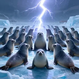 an army of sappy seals gathering for war on ice, apocalyptic, cinematic lightning, artstation trending, matte painting, 8 k, digital art