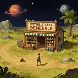 in front of a general store in a remote outpost, on a remote planet, from a space themed point and click 2 d graphic adventure game, set design inspired slightly by tomb raider, art inspired by thomas kinkade and [ mark keathley ]