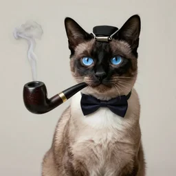 a black - faced, blue - eyed siamese cat wearing a monocle, bow tie and smoking a pipe