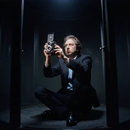 a cia analyst in an isolation chamber practicing remote viewing, noir, dramatic, low - angle shot, 1 2 0 mm film, medium format, rolleiflex, ektachrome, studio lighting, mystical, paranormal, shot by platon