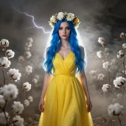 bavovna goddess, full body model pose, blue hair, yellow dress, crown of flowers, beautiful symmetrical face!!!, cinematic lightning, rim light, white! cotton!!!! flowers background, murky dusty deep smoky eyes, ross tran, greg rutkowski