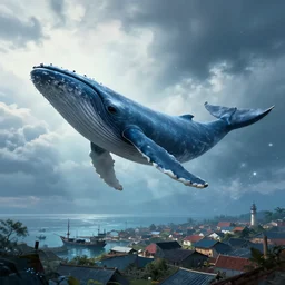 giant whale flying, fishing village on the background, dramatic illumination, digital art