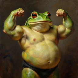 subject:  oversized muscular frog powerlifter flexing muscles in medium shot backlight portrait, style:  very heavy textured rembrandt oil painting with dramatic light