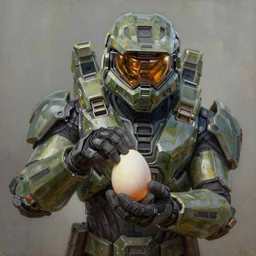 master chief from halo picking up easter eggs, egg in hand, oil on canvas, intricate, portrait, 8 k highly professionally detailed, hdr, cgsociety