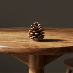 a wooden table with a pine cone on top of it, cinematic lighting, octane render, realistic, cinematic, symmetrical