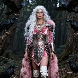 portrait of a warrior woman, amazon, jewish face, refined features, moon goddess, red lips, long snow - white hair, standing in a dark forest, crows, pink velvet dress, leather armor, iron armor, white boots, pink fur, clothes alexander mcqueen very beautiful style, photorealism, edgard maxence